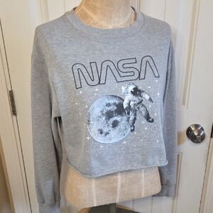 Gray NASA Moon Spaceman Stars Crop Sweatshirt